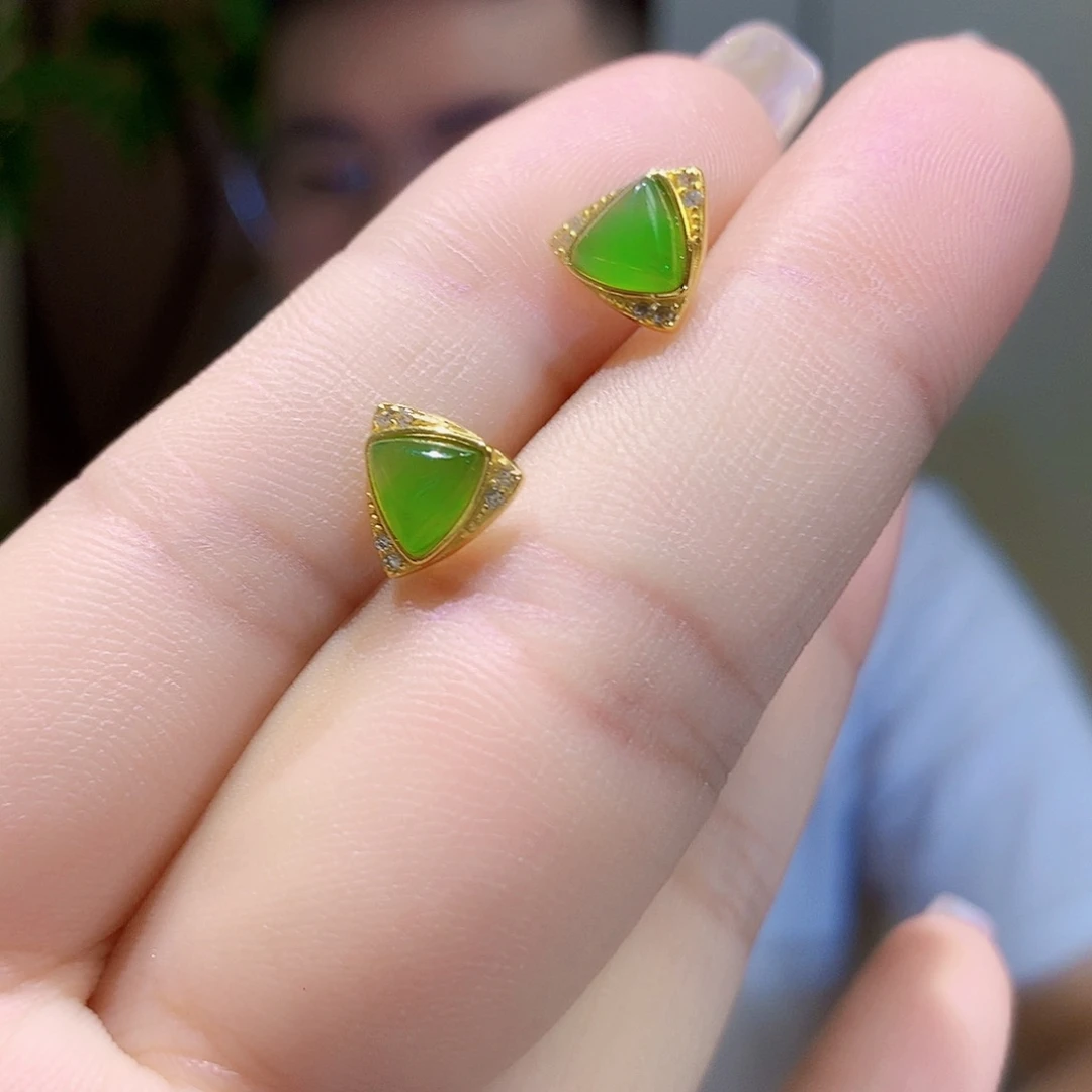 和田玉（碧玉）银S925镀金镶嵌耳饰