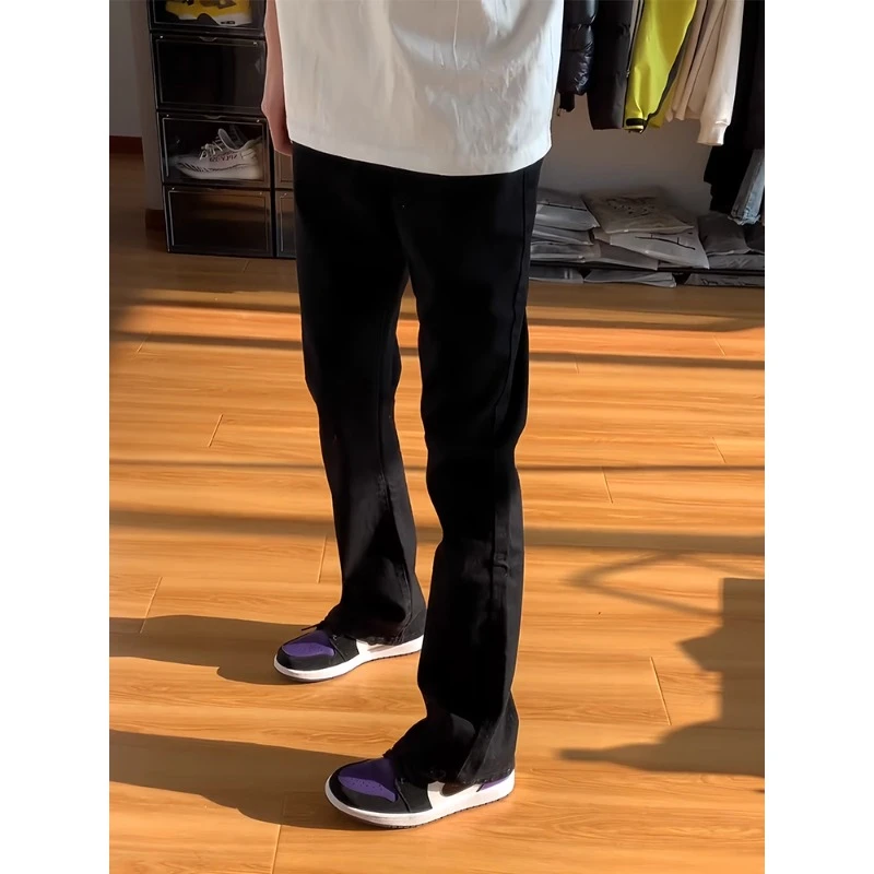 黑色弯刀牛仔裤男款秋季高腰提档裤子美式cleanfit修身微喇直筒裤