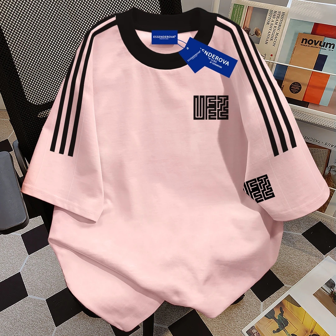 100%纯棉日系慵懒风三条杠圆领短袖t恤男女夏季宽松遮肉情侣上衣