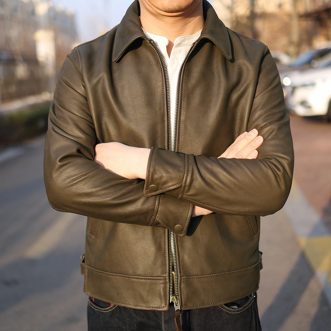新西兰进口无涂头层小牛皮夹克雷军同款翻领休闲真皮皮衣男士外套