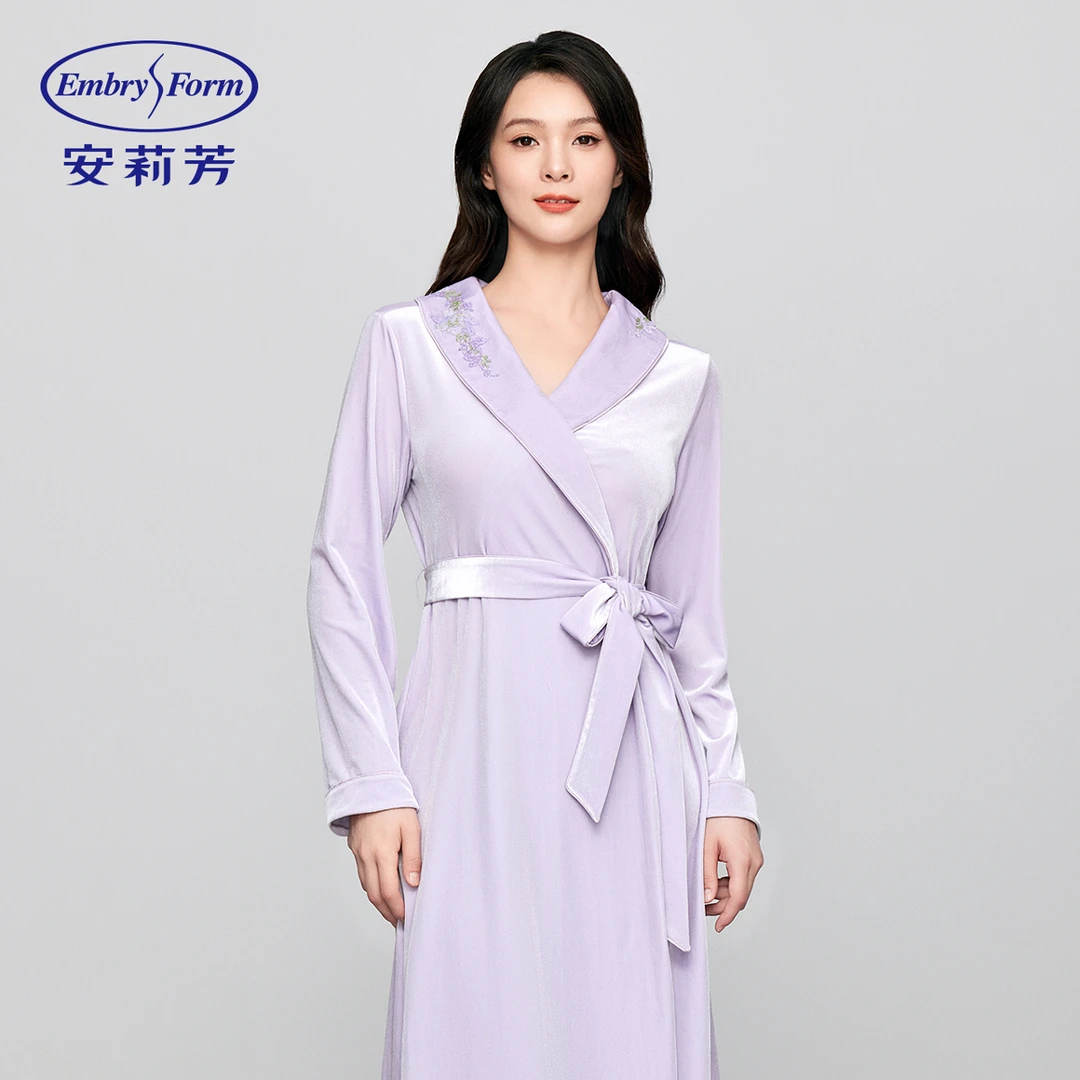 【甄老板专属】安莉芳秋冬丝绒v领开衫睡袍女士长袖家居服EL00815