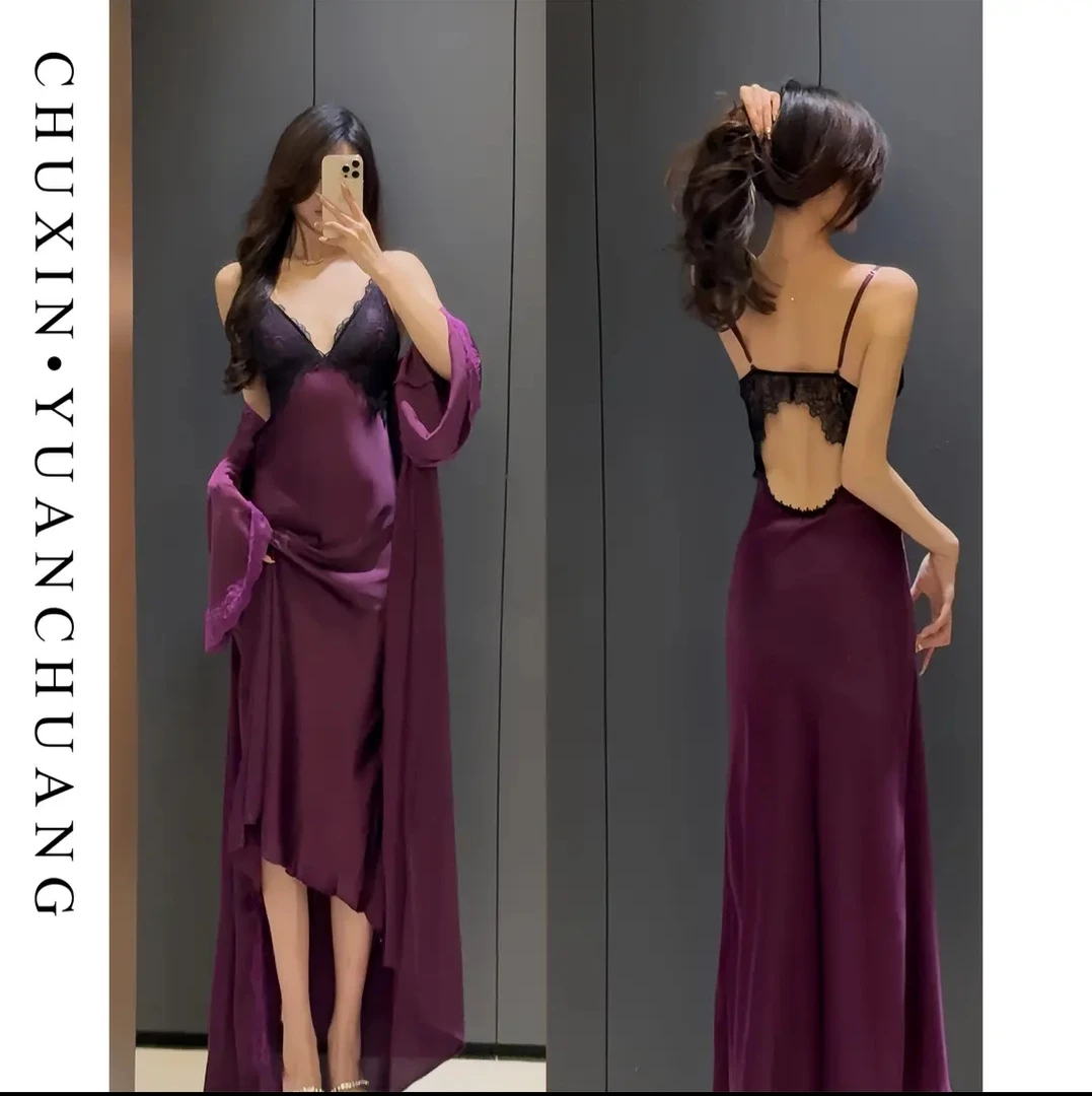 性感睡衣女冰丝薄款带胸垫长款过膝法式吊带睡裙露背纯欲风家居服