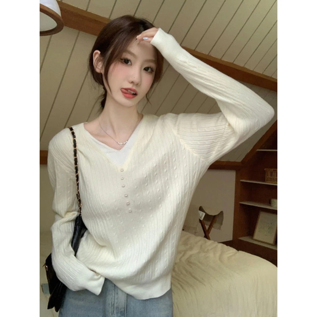 早秋女款杏花两件套底针织衫新款慵懒风格外搭小香风格针织衫上衣