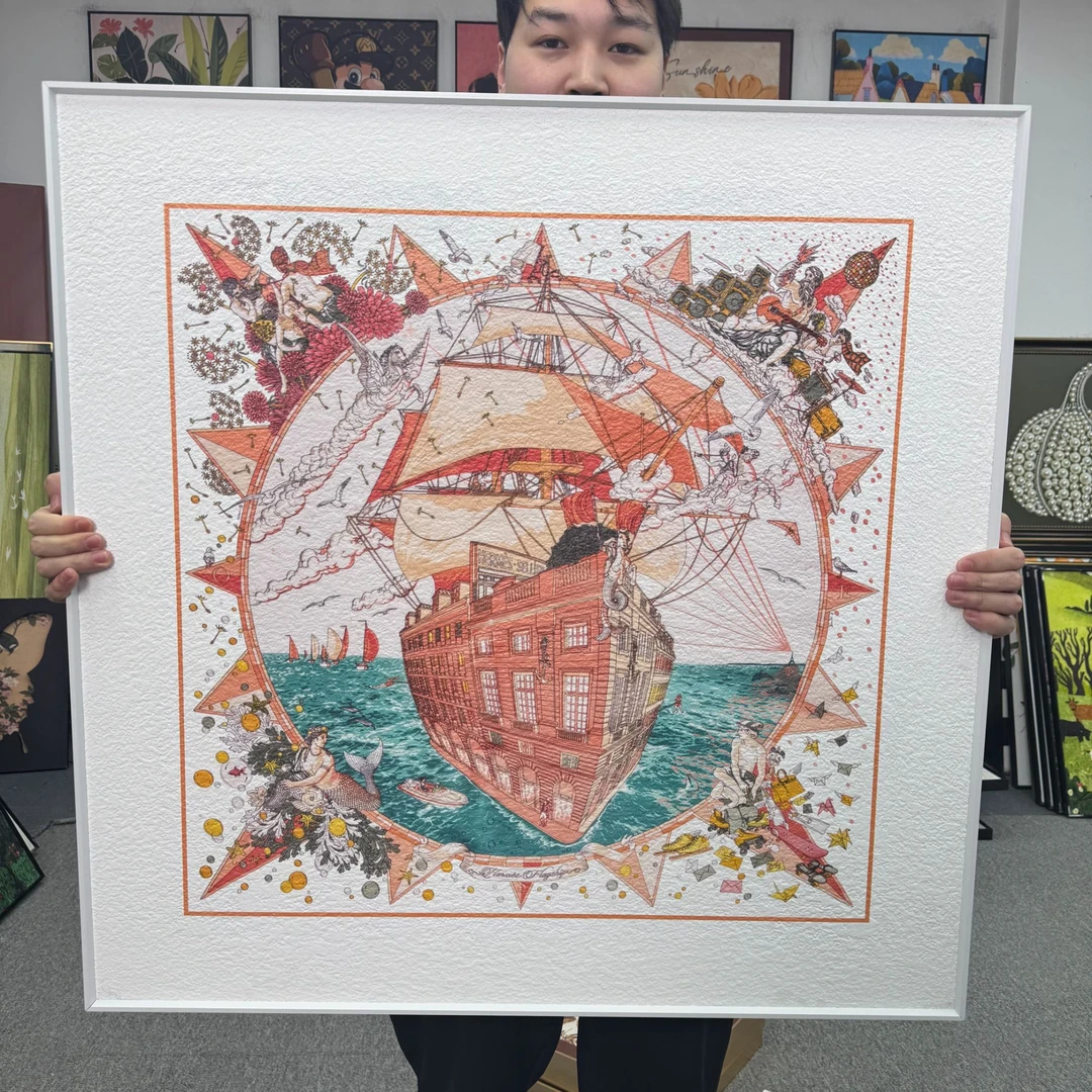 爱马丝巾秀彩色法式艺术帆船高级感客厅装饰画沙发背景墙挂画8080