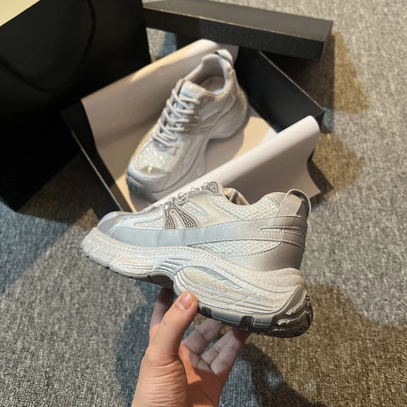 炸街老爹鞋女款2025春新款小个子增高厚底休闲运动鞋网面水钻潮鞋