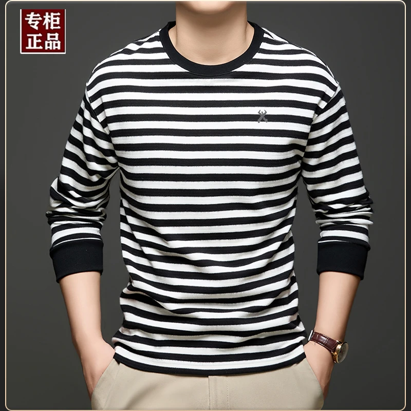轻奢大牌2025秋季男士圆领条纹长袖棉t恤中青年打底潮流刺绣卫衣