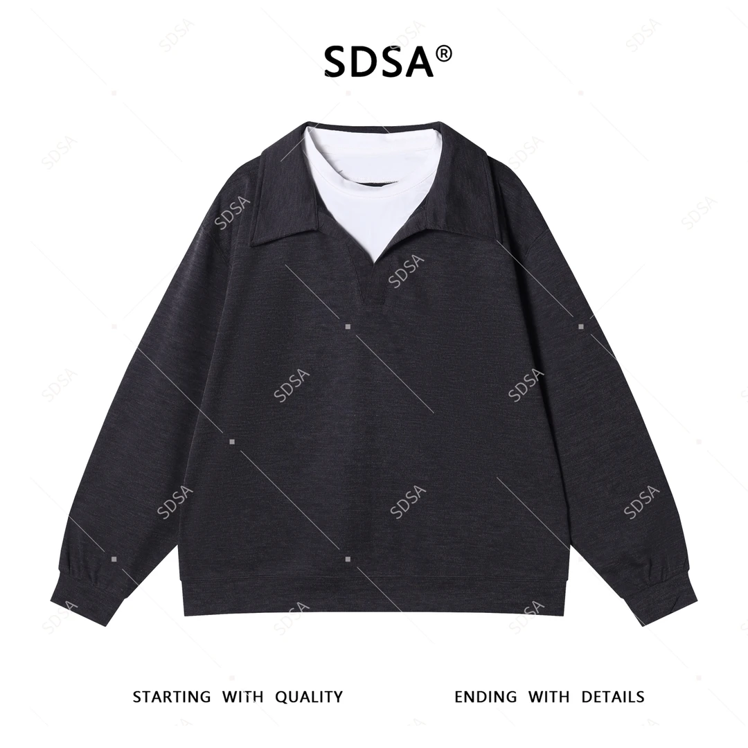 SDSA男士秋冬新款轻奢痞帅男装韩版撞色假两件圆领长袖T恤百搭潮