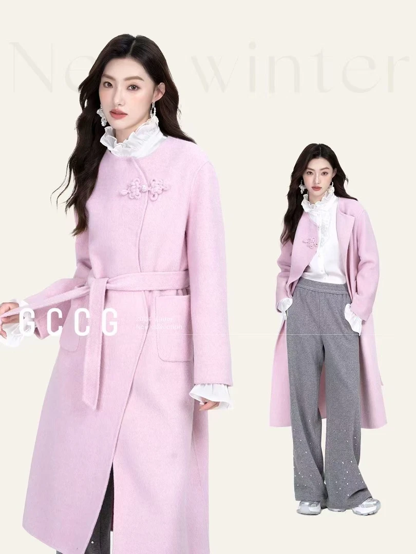 105知N恩冬粉色中国风长款双面呢大衣外套圆领 2219