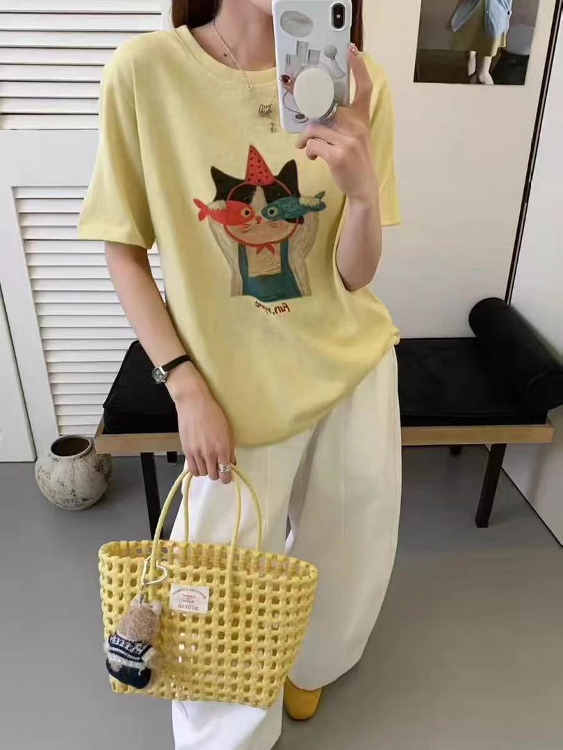 158的小肥 | ‘抓鱼小猫’韩系卡通印花纯色显瘦短袖