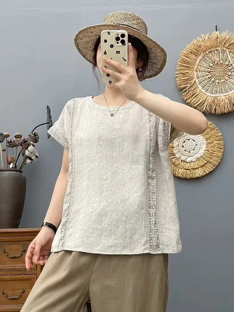 66307南油高货亚麻重工水溶蕾丝短袖宽松圆领T恤上衣