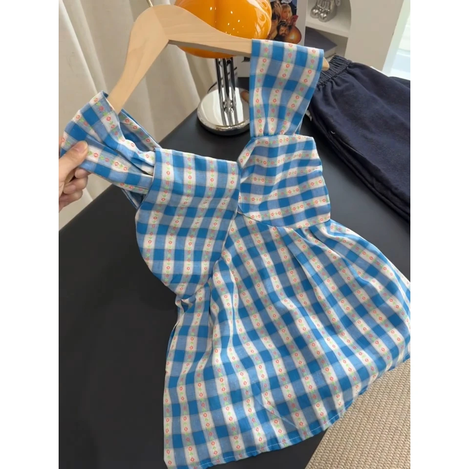 法式甜美蓝色V领格子小飞袖背心女夏季海边度假风娃娃衫无袖上衣