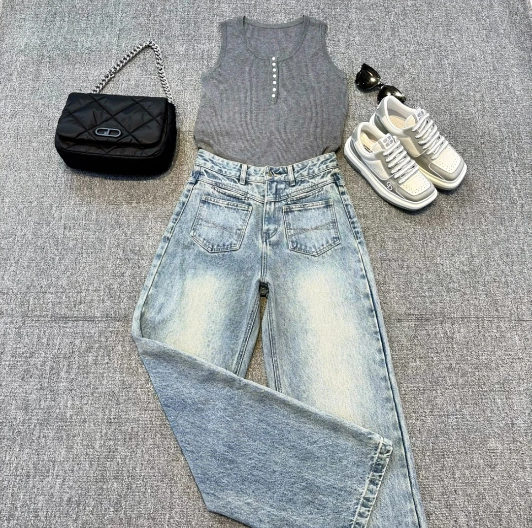 2024年LOL新款欧版设计师原创系列显瘦收腹阔腿牛仔裤1002