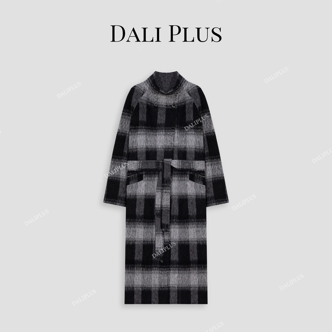 DALI PLUS【绵羊毛+羊驼毛】高端气质黑白格双面呢大衣-D4MM0894