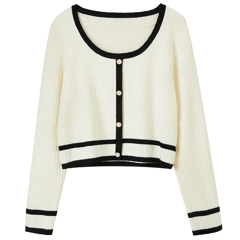 气质通勤知性名媛轻法式小香风撞色文艺圆领针织衫51086