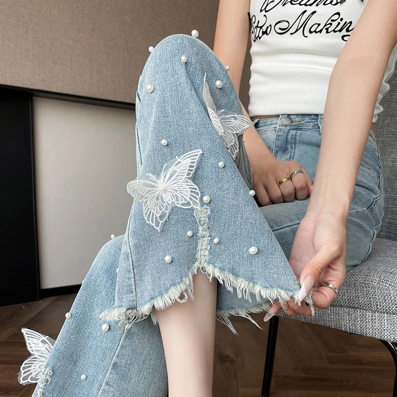 蜜蜜穿搭流苏钉珠牛仔喇叭裤女蕾丝裤子秋季高腰小个子微喇九分裤