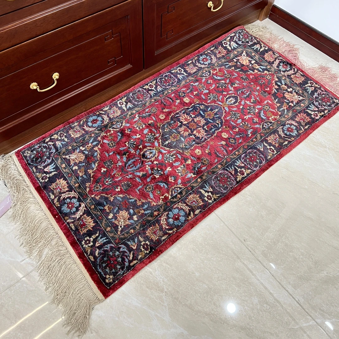 櫟丝御锦柞蚕丝手工编织地毯复古中式卧室家用床边毯 124*61CM