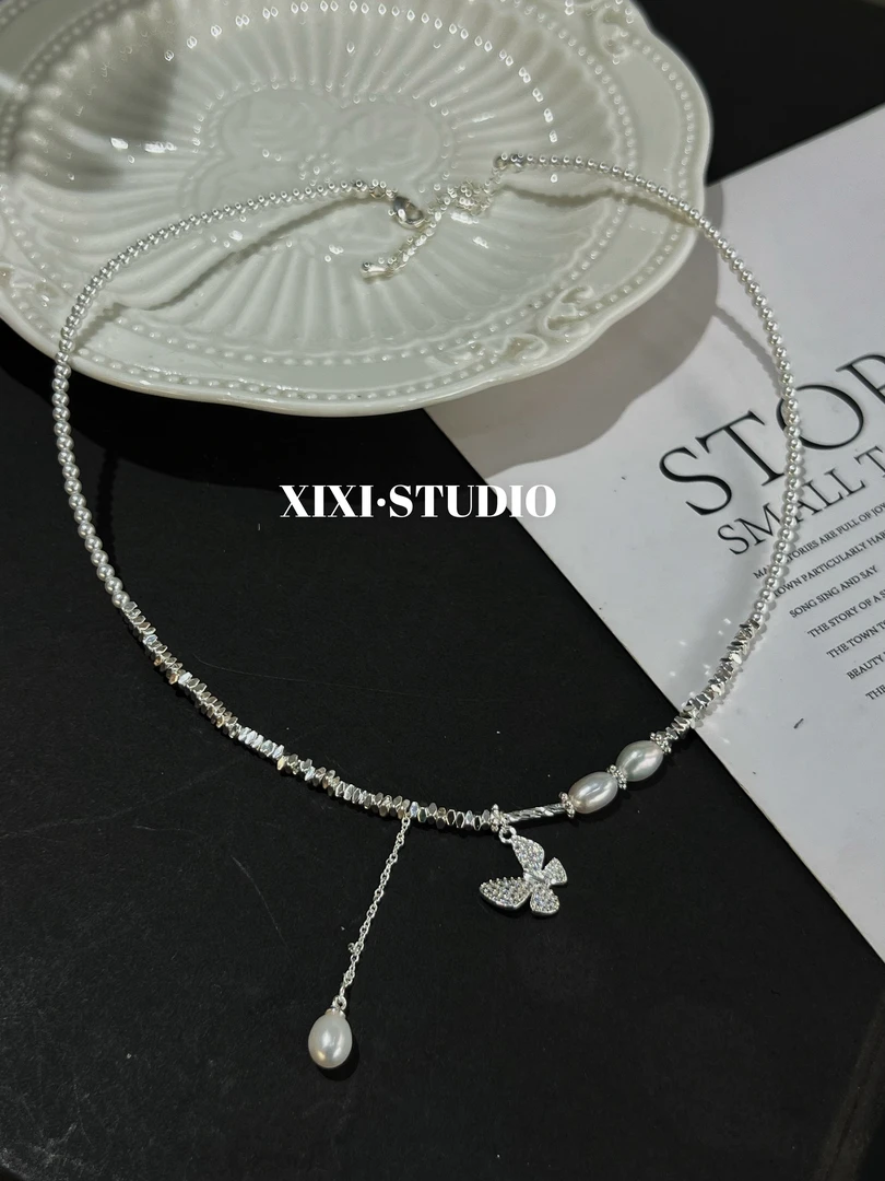 铜合金仿珍珠项链 蝴蝶项链碎银小米珠新品简约气质款时尚锁骨链