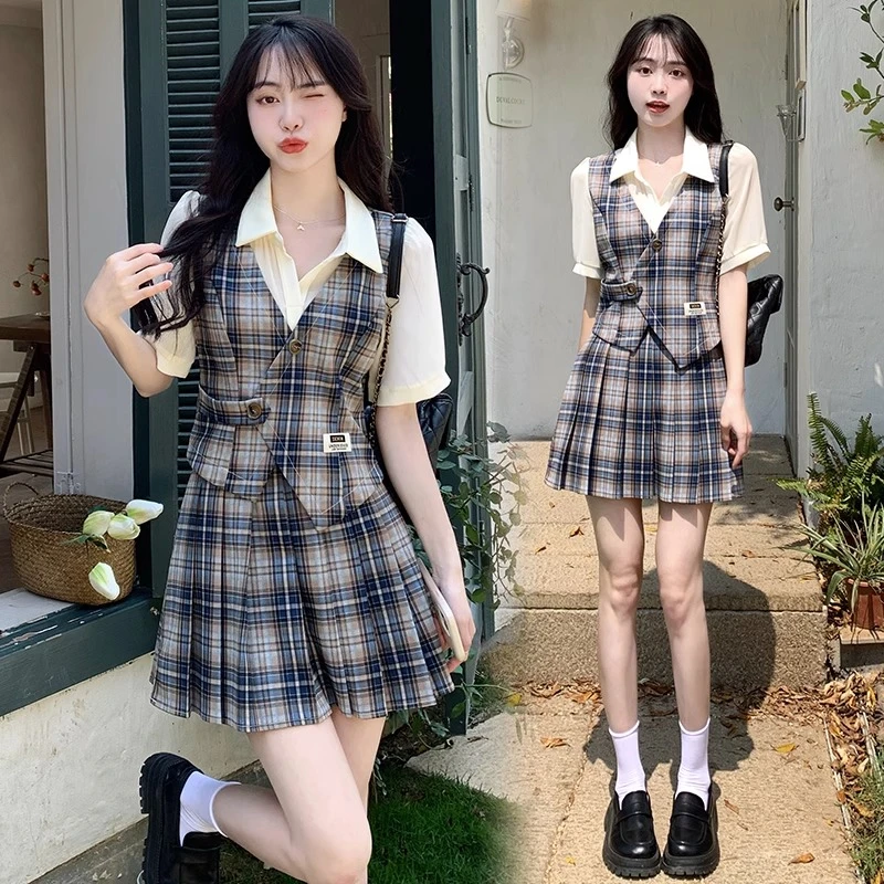 大码2025夏款格子百褶裙套装胖mm学院风泡泡袖jk一整套显瘦两件套