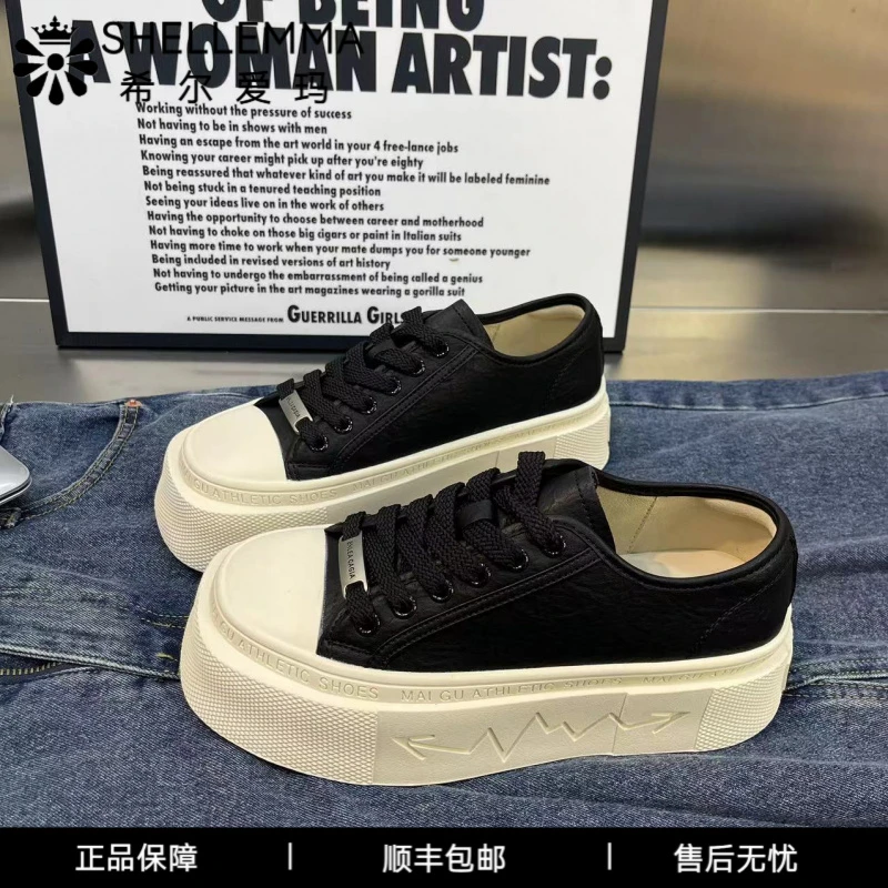 希尔爱玛春季女鞋真皮松糕底板鞋中跟厚底运动休闲鞋子系带单鞋女