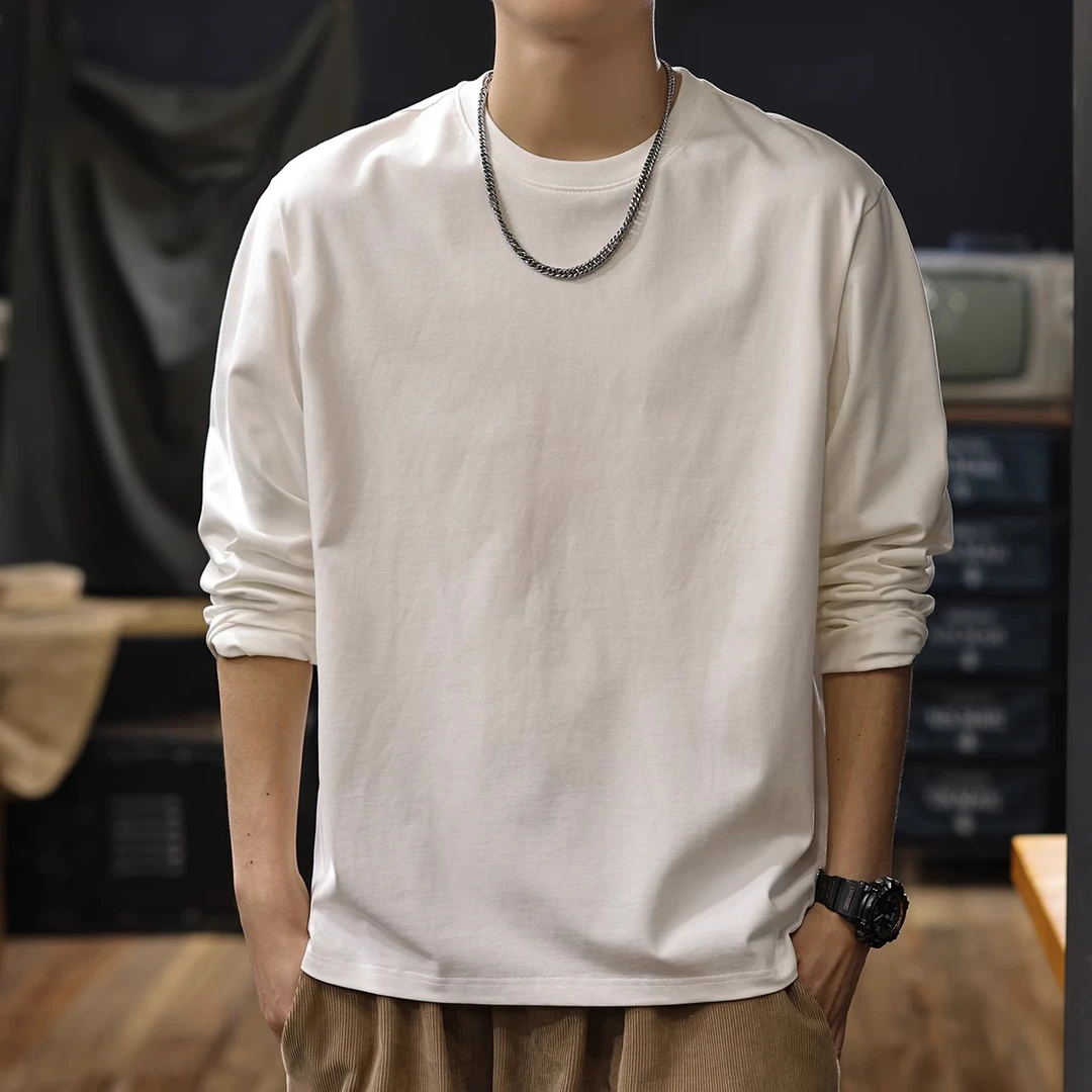 MR.MUDI/穆迪先生2025春新款重磅纯棉纯色简约长袖T恤男宽松百搭