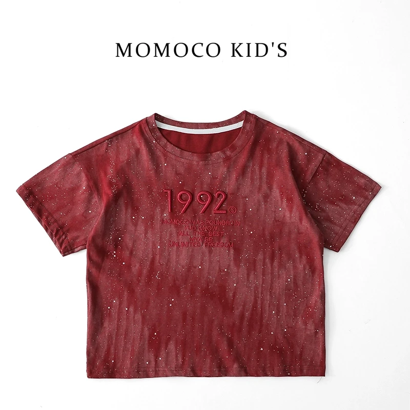 MOMOCO儿童短袖休闲夏季宽松圆领时尚洋气酒红上衣75230235036