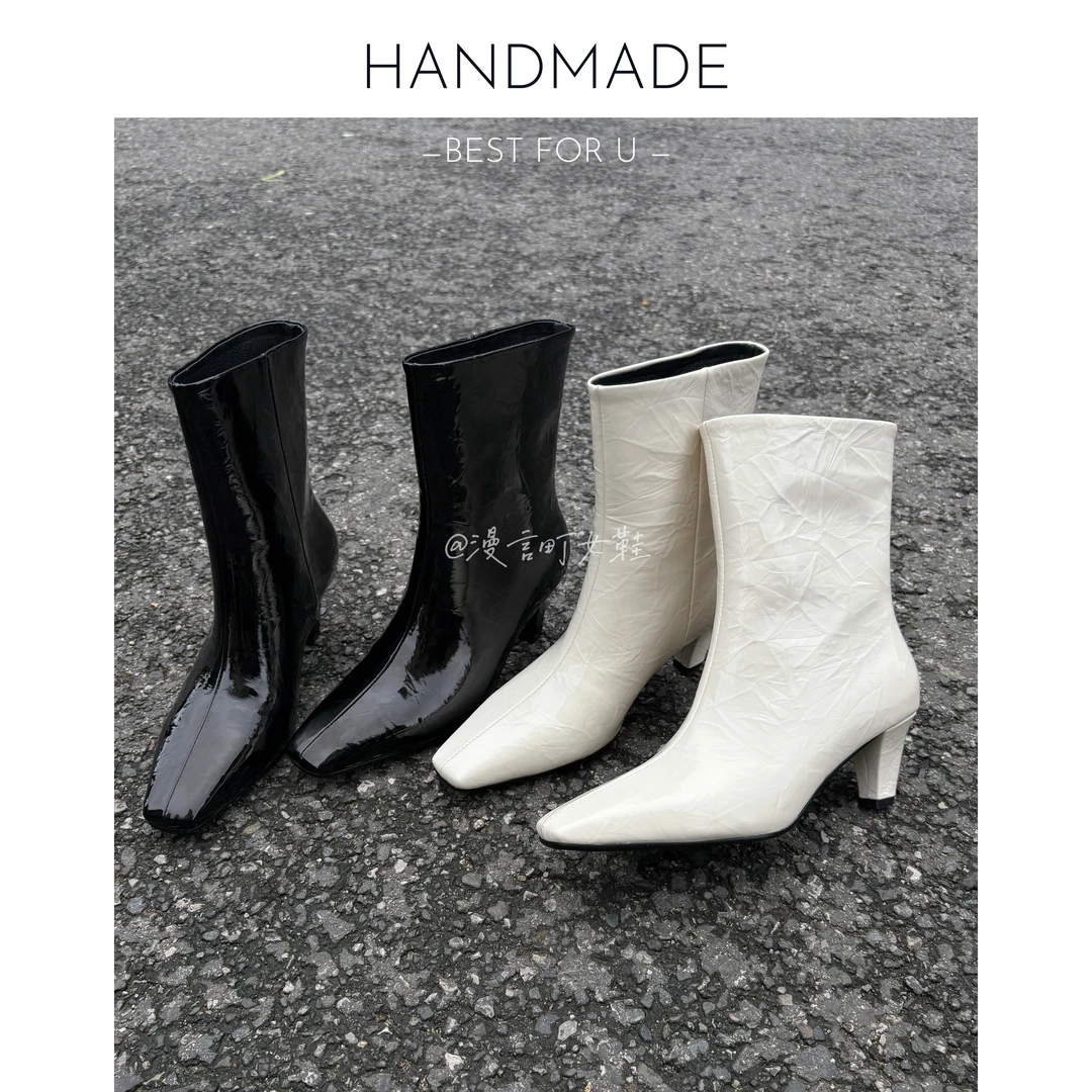 漫言町6cm头层羊皮粗跟方头直筒靴短靴显瘦高跟气质极简风时装