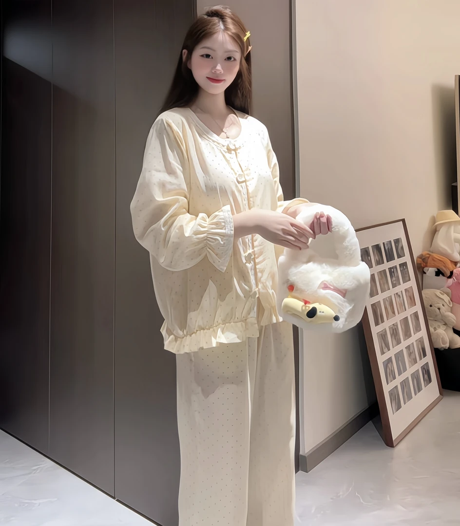 （甜甜圈）秋季温柔可爱纯棉柔软睡衣女显瘦宽松套装家居服可外穿