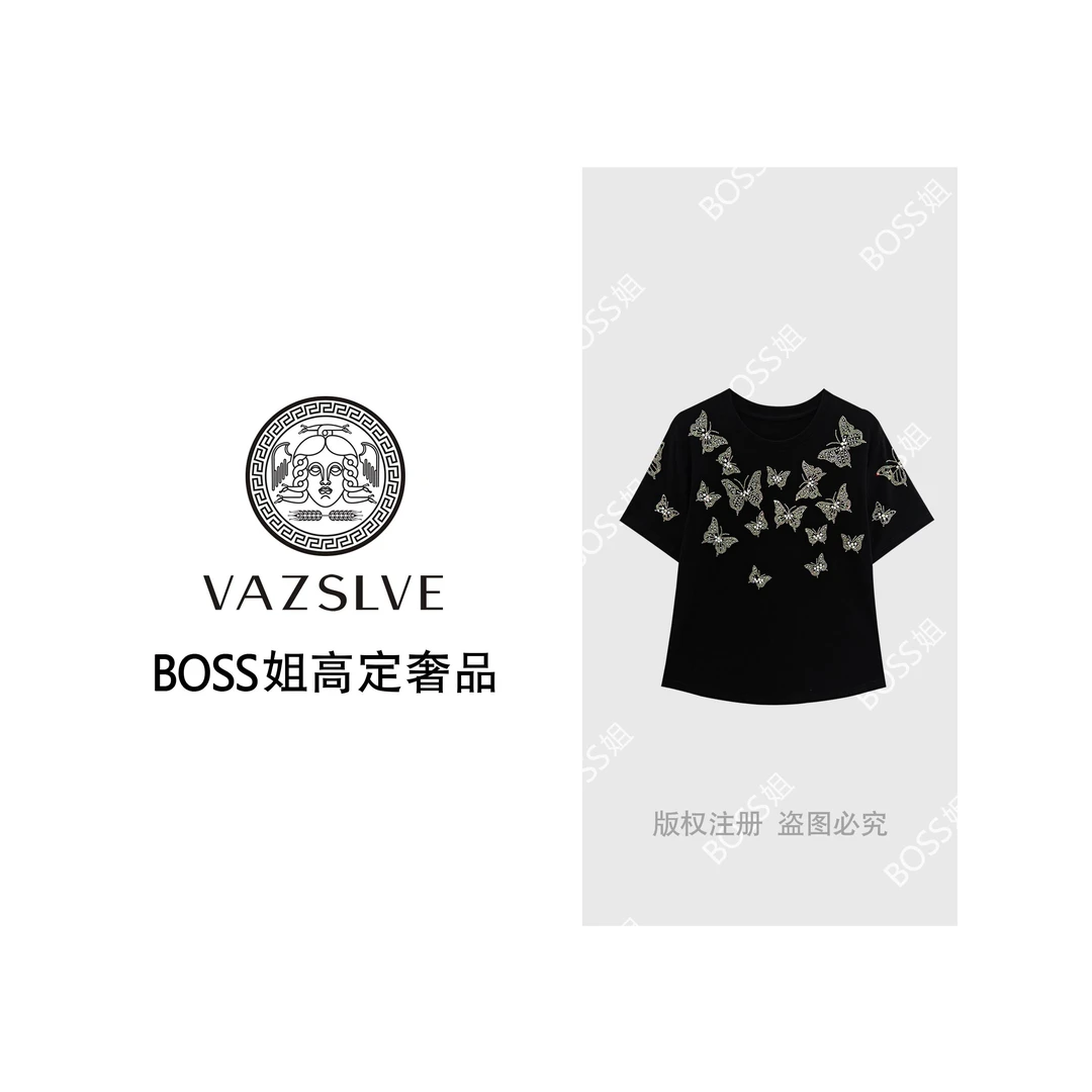 【VAZSLVE/原创设计】重工烫钻蝴蝶短袖T恤T5276