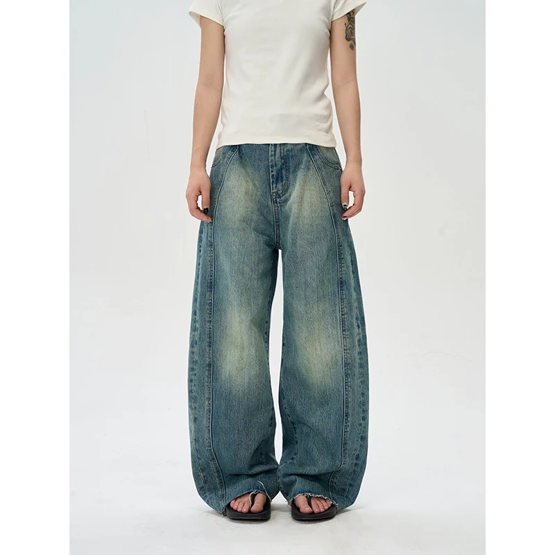 Luminelle 复古做旧结构感弯刀裤宽松休闲百搭长裤男女同款牛仔裤