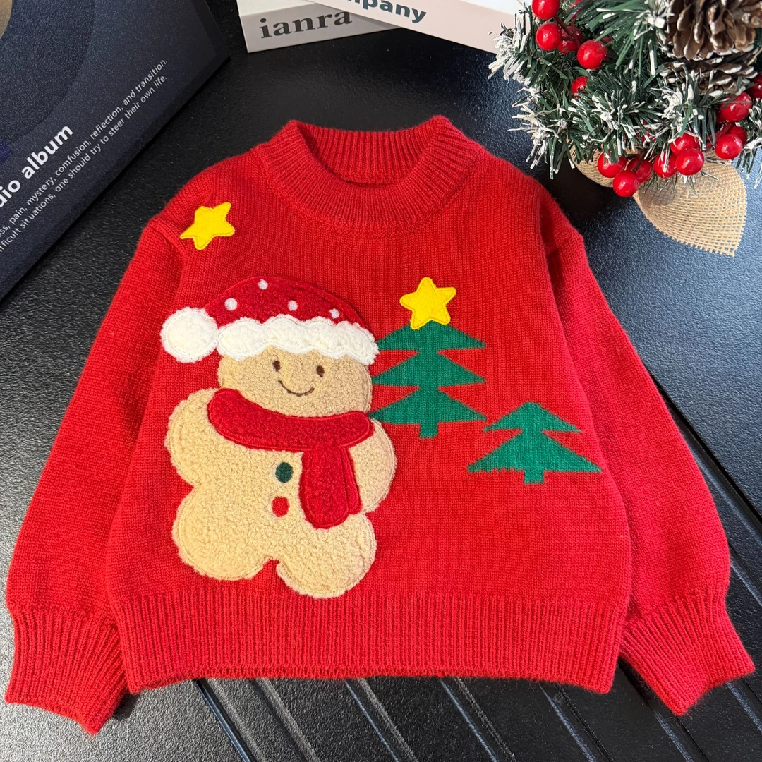 女童圣诞毛衣加厚秋冬款洋气女宝宝套头针织衫小童新年红色上衣潮