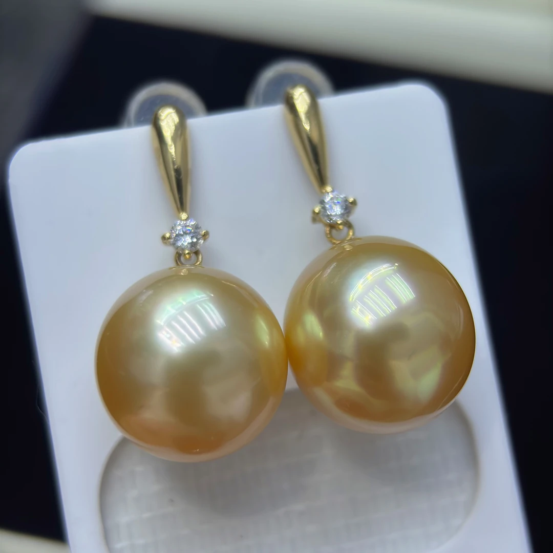 无暇 18K金11.7mm 浓金 极光透亮南洋海水金珠耳钉 近正圆 11-12