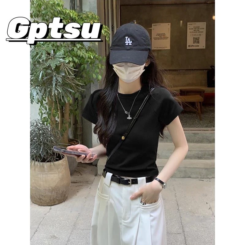 GPTSu韩系黑色圆领正肩短袖恤女修身辣妹别致漂亮小个子短款上衣
