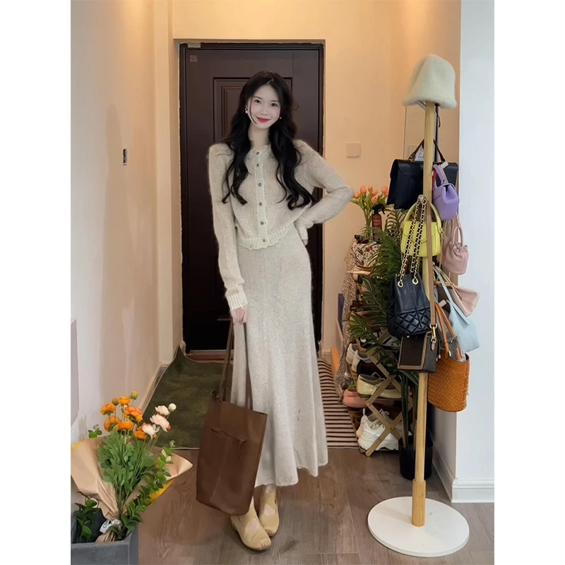 parkyeon秋季新款温柔软糯长袖针织衫上衣气质高腰包臀半身裙套装