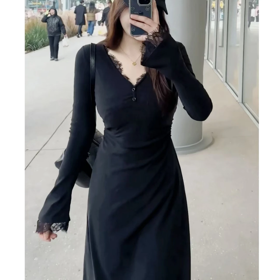 【小也定制】法式收腰V领蕾丝边气质长款内搭打底裙wp9453连衣裙