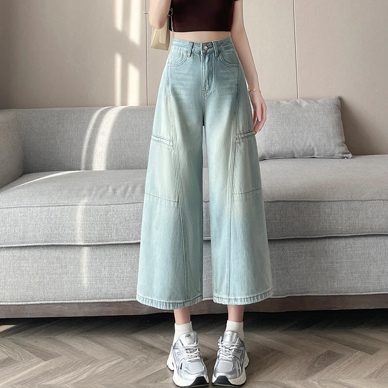 高腰复古薄款七分阔腿牛仔裤女2025小个子设计感百搭夏季显瘦裤子