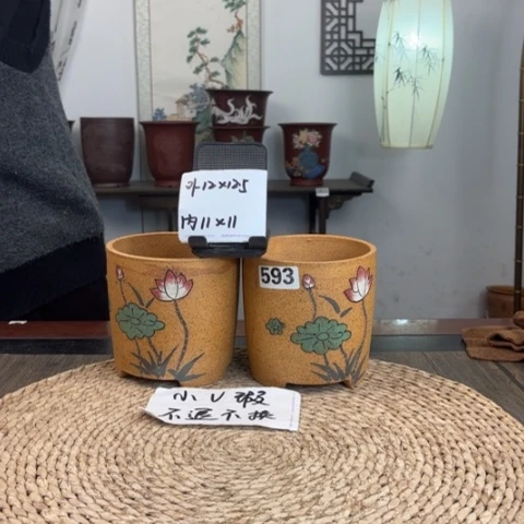 紫砂花盆微瑕柴烧手绘直筒到手两只593