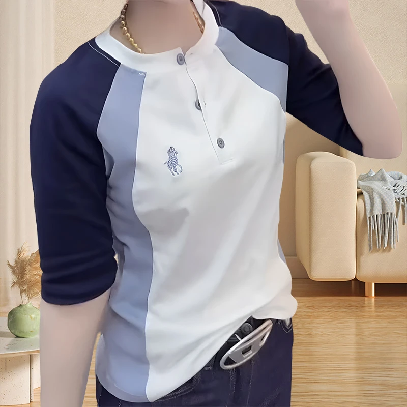 欧货重工撞色刺绣t恤女2025夏季新款修身显瘦洋气休闲短袖上衣女