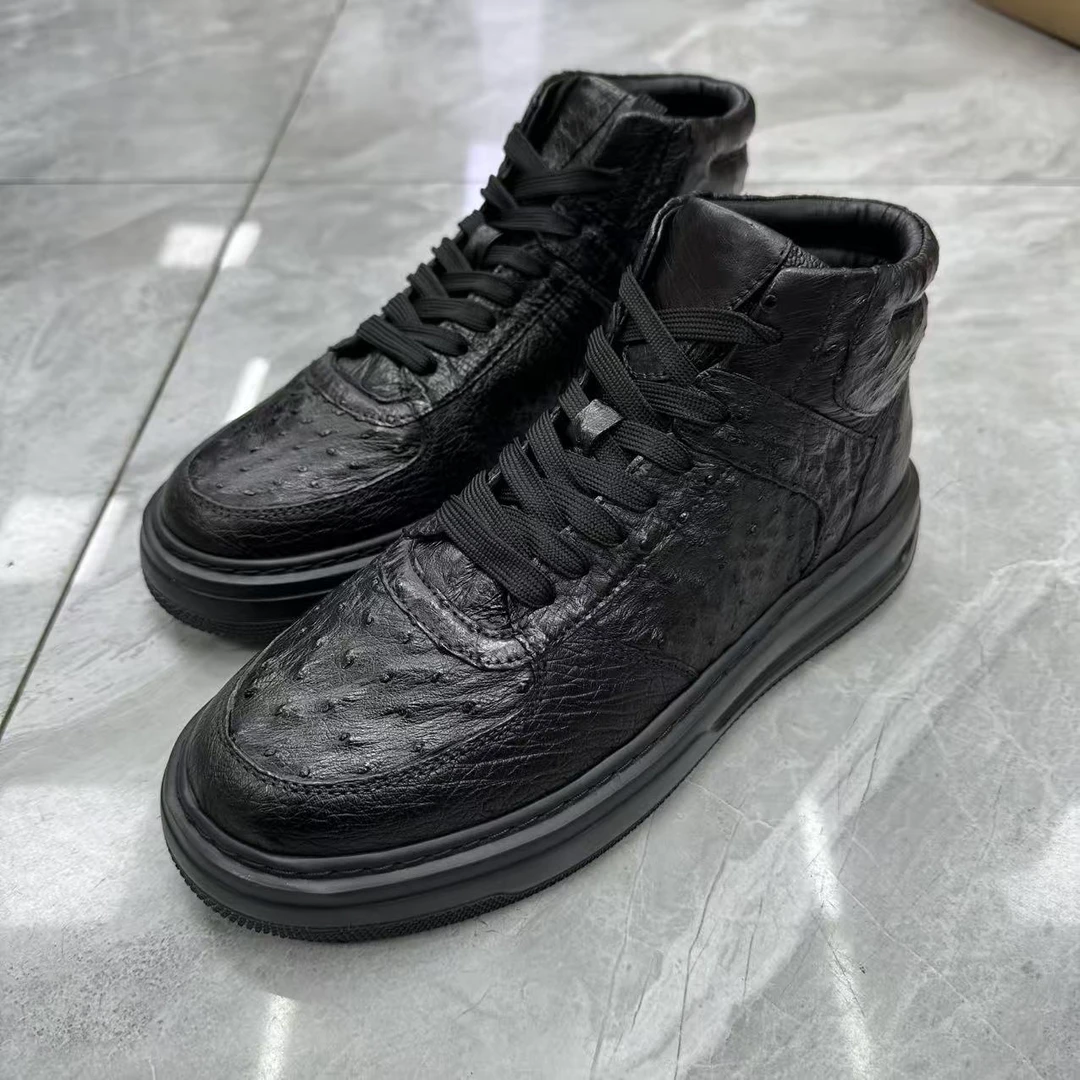 男士秋冬新款高帮靴子骑士靴鸵鸟皮时尚休闲百搭透气保暖休闲