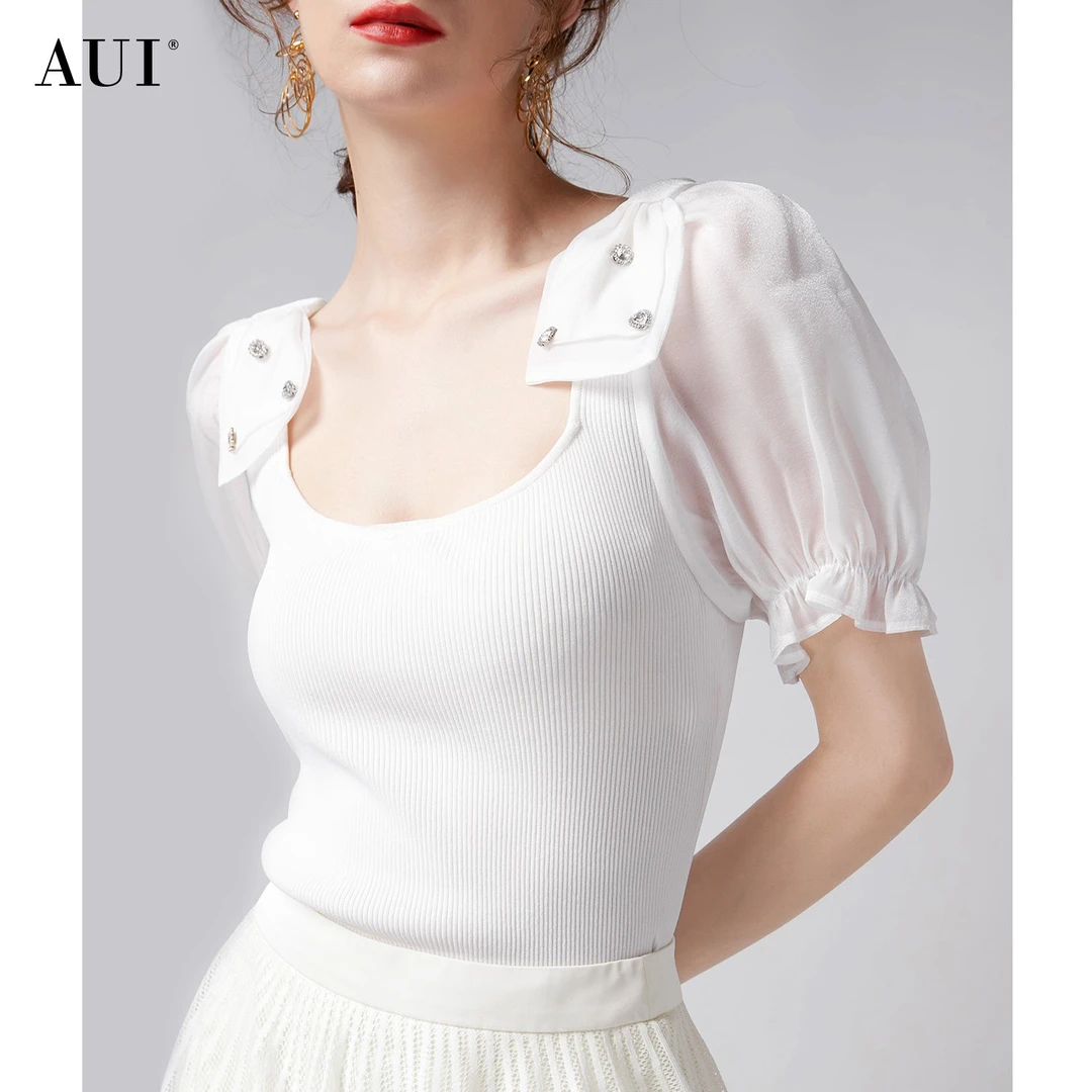 【媛媛女王专享】AUI白色蝴蝶结设计感泡泡袖针织衫-23C112147