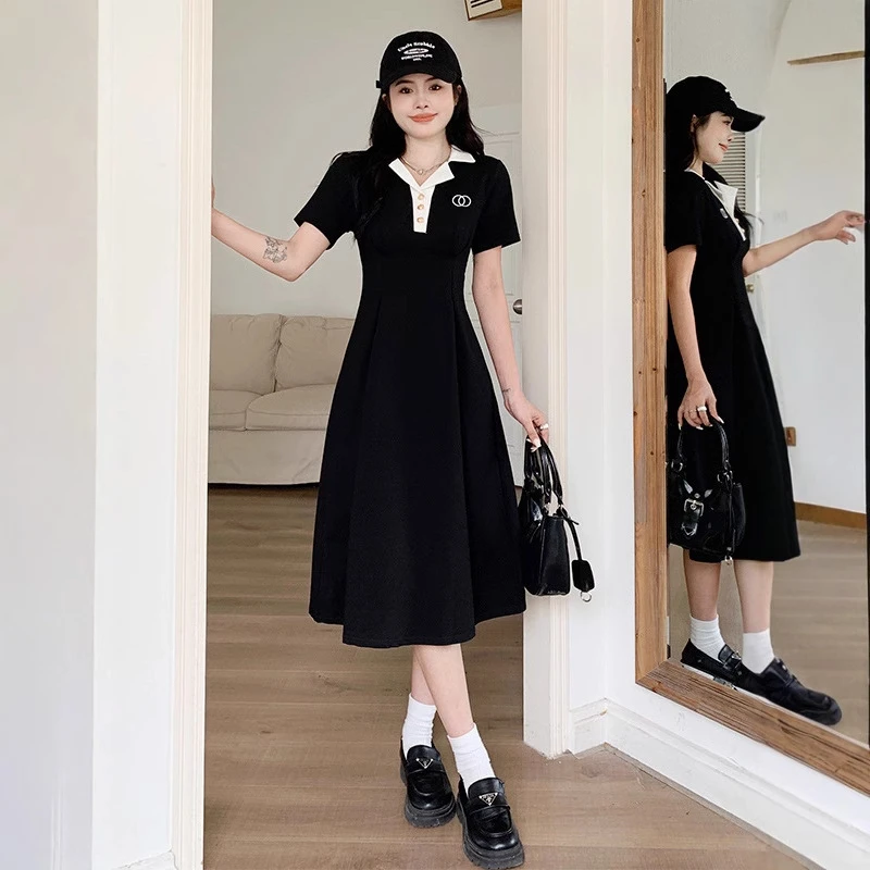 【运补4-9米】裙子通勤束腰短袖显瘦学院风A字黑色连衣裙端庄大气