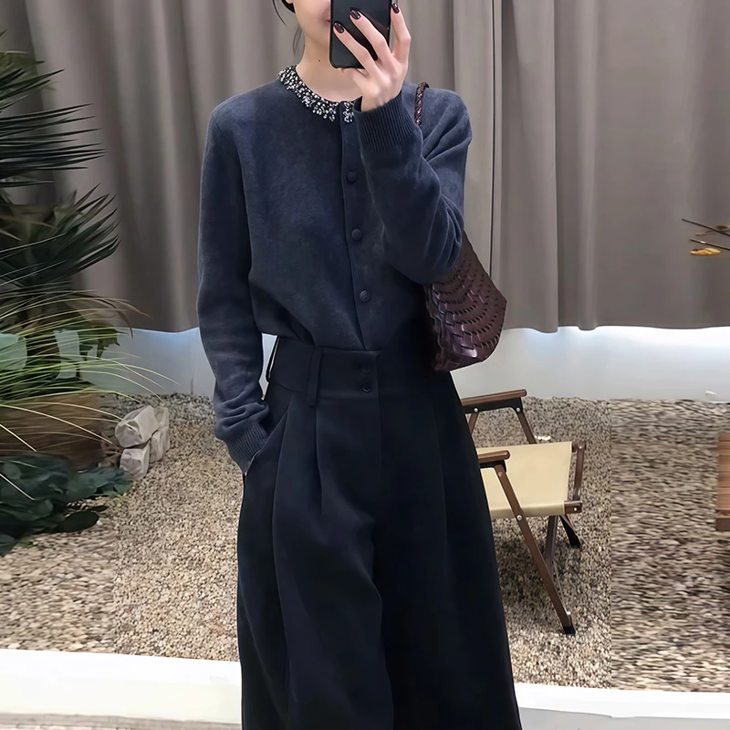 时尚显瘦百搭小众慵懒风宽松针织开衫秋季拼接高级感长袖气质上衣