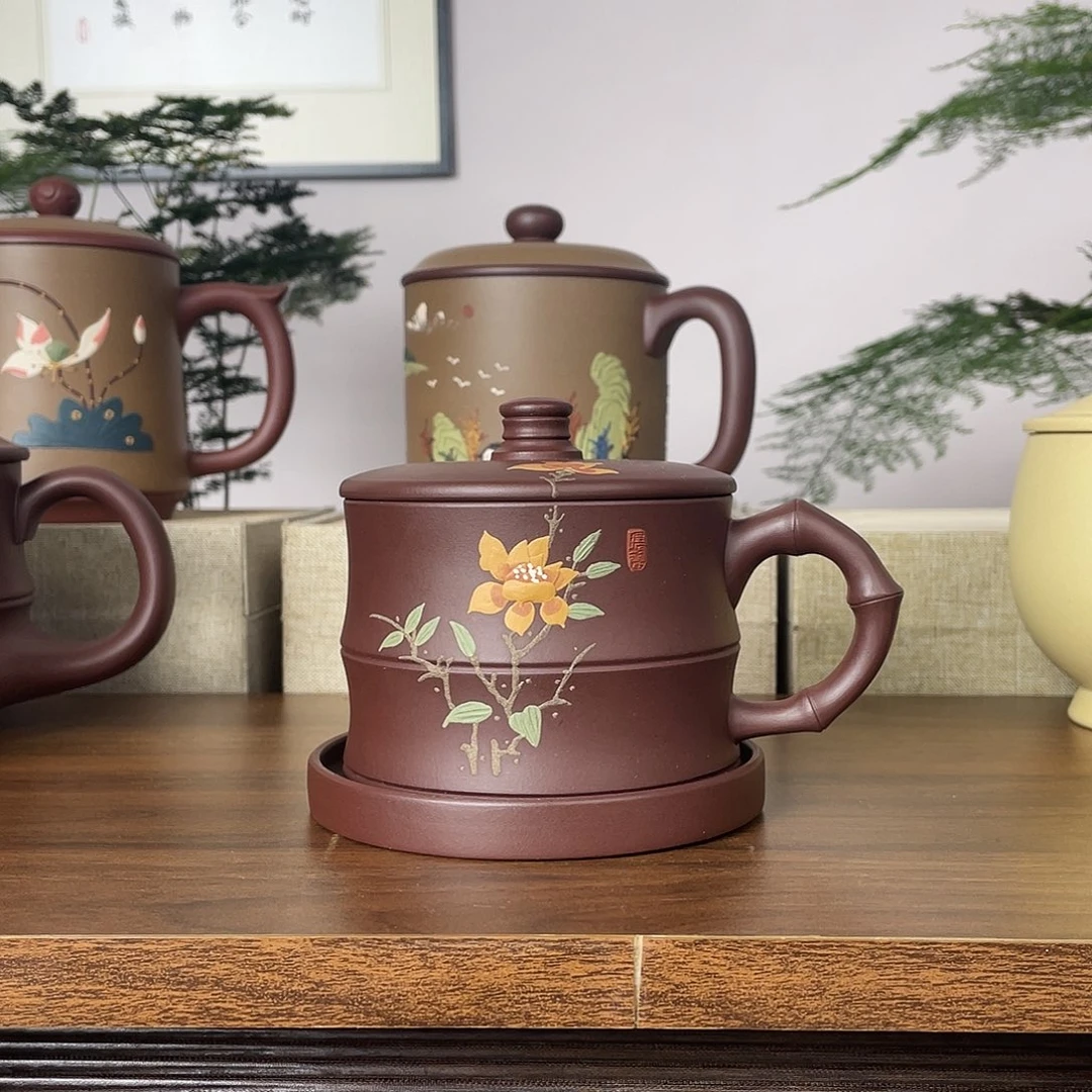 o***呲紫砂茶杯山茶花两个托盘