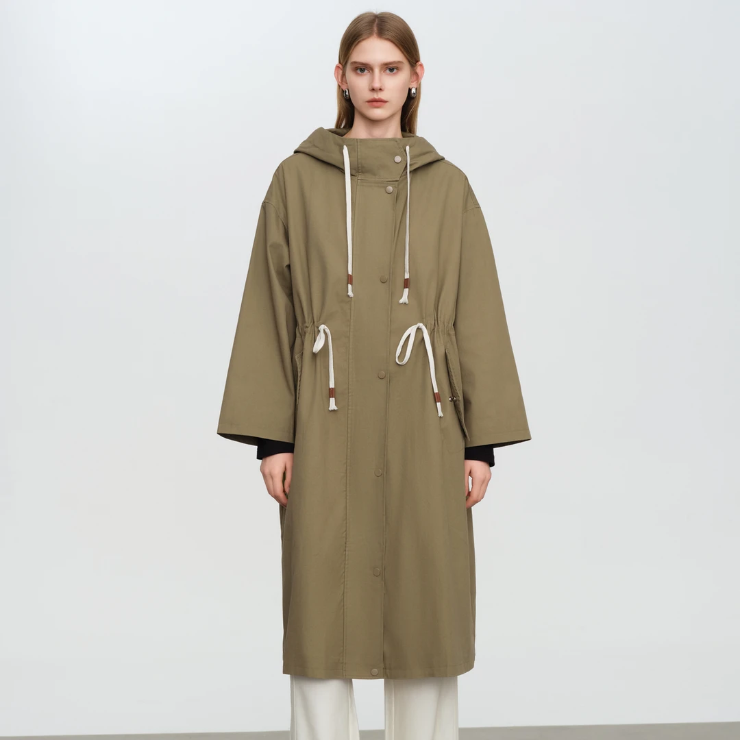 【商品】Elva' Island2025年春季宽松连帽风衣外套女中长款