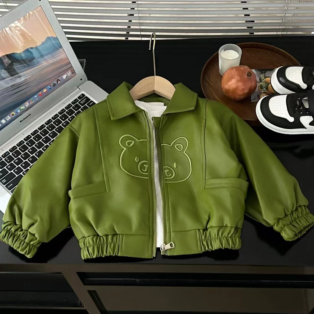 2025春秋新款绿色小熊皮衣外套百搭纯色韩版洋气1105皮衣外套