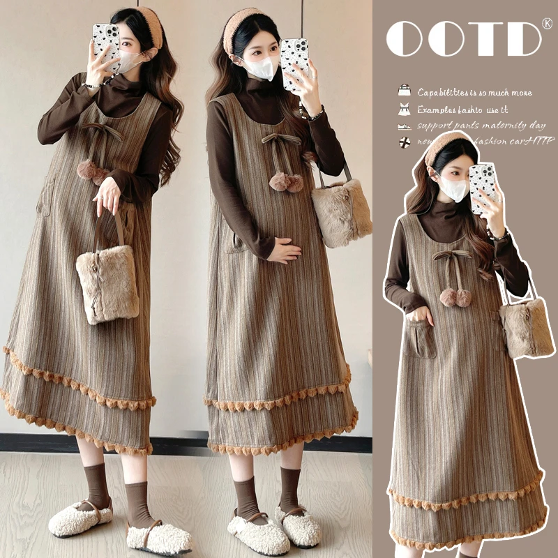 2025新款时尚孕妇装秋冬休闲高领内搭减龄花边背心裙显瘦韩版套装