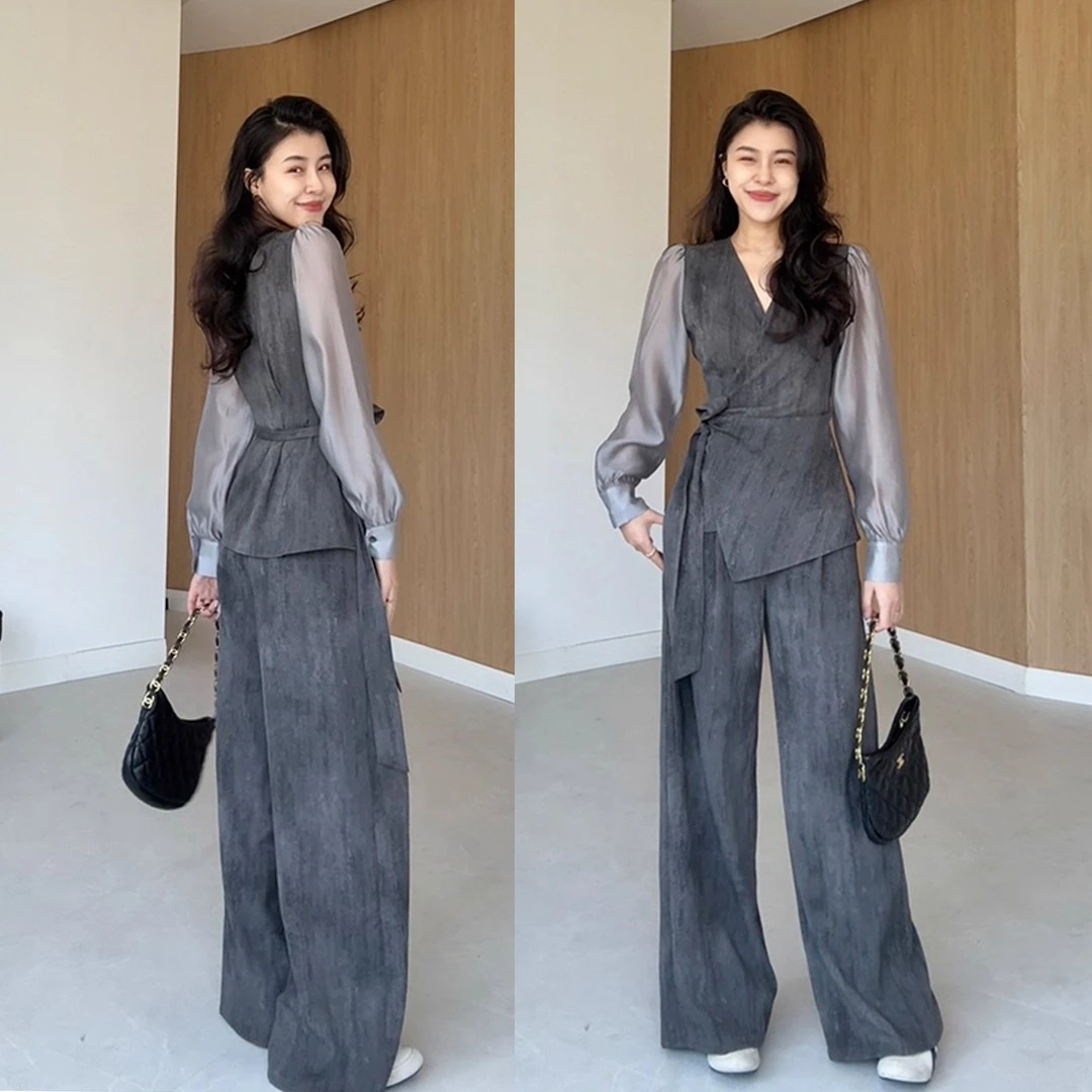初秋搭配一整套大码胖mm收腰假俩件上衣阔腿裤时尚减龄通勤套装女