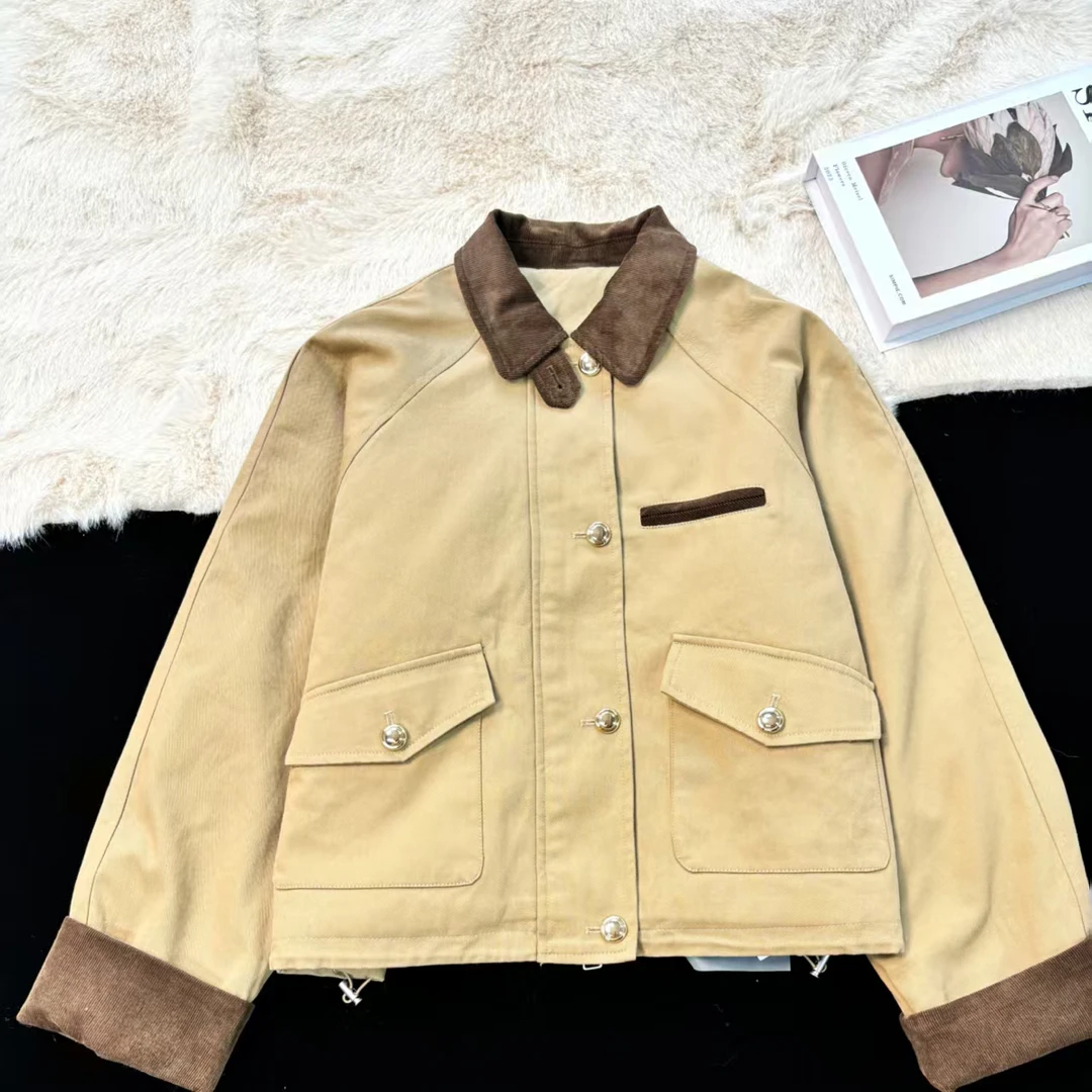 绗棉卡其翻领复古夹克女短款秋冬外套复古简约棉服W607