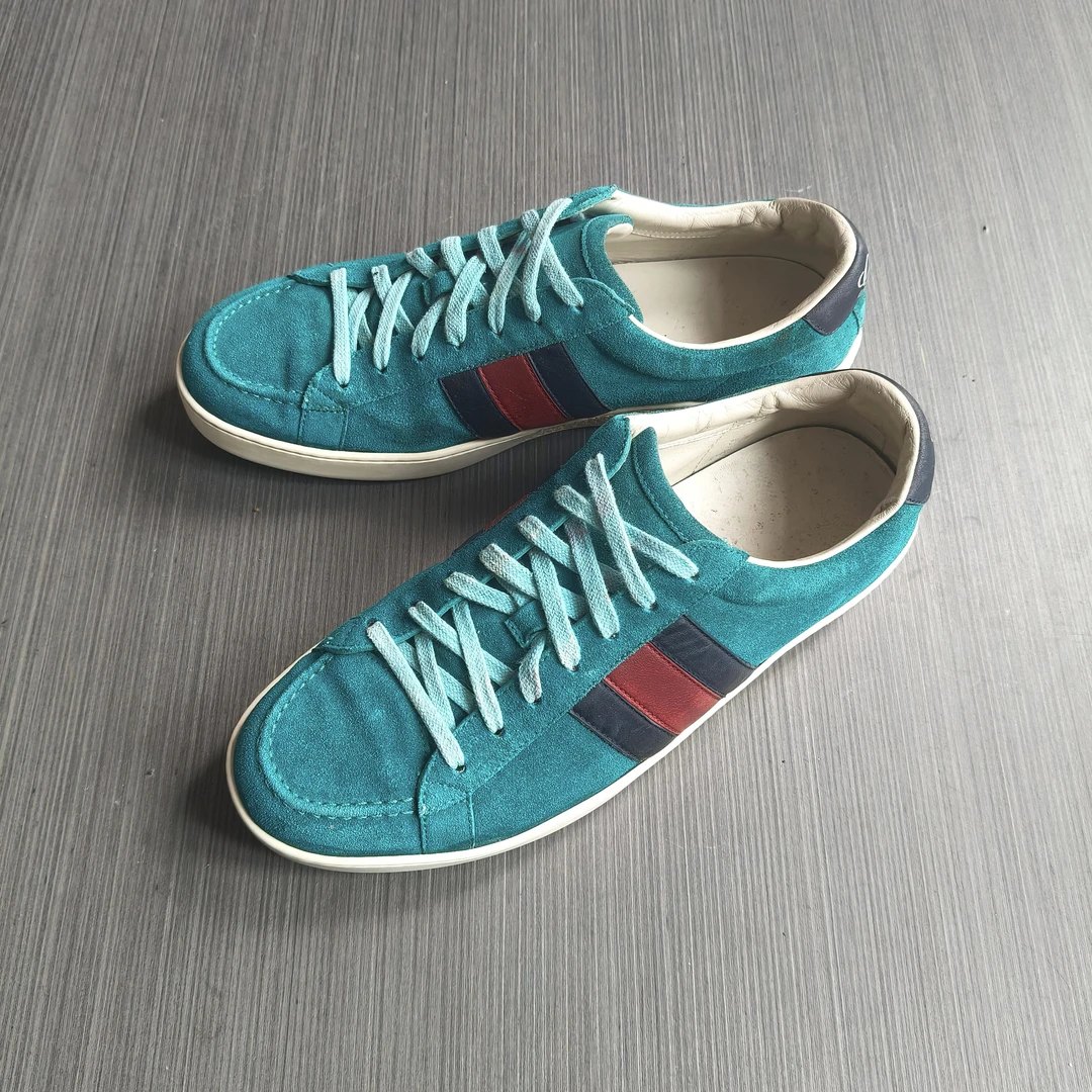 95新 GUCCI/古驰 41.5码/经典款红蓝系带大logo湖水绿 低帮休闲鞋