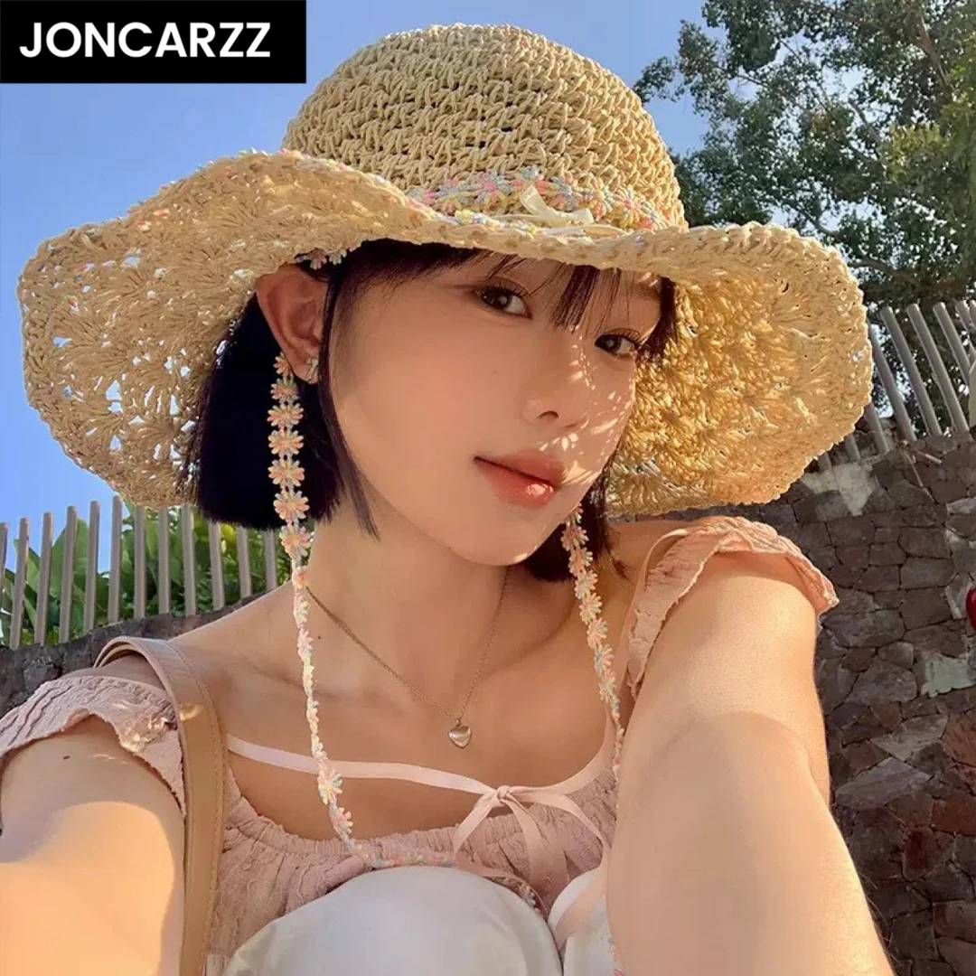 JONCARZZ大帽檐防晒度假风绑带草帽女夏季海边沙滩帽子编织遮阳帽