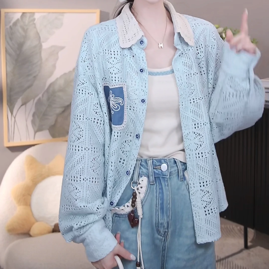 时尚休闲百搭宽松设计感缕空衬衣女2025秋季新款长袖衬衫